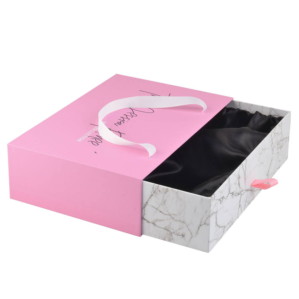 Luxury Black Pink Lamination Drawer Wig Box with Handle – Custom Logo Coated Paper Hair Extension Packaging