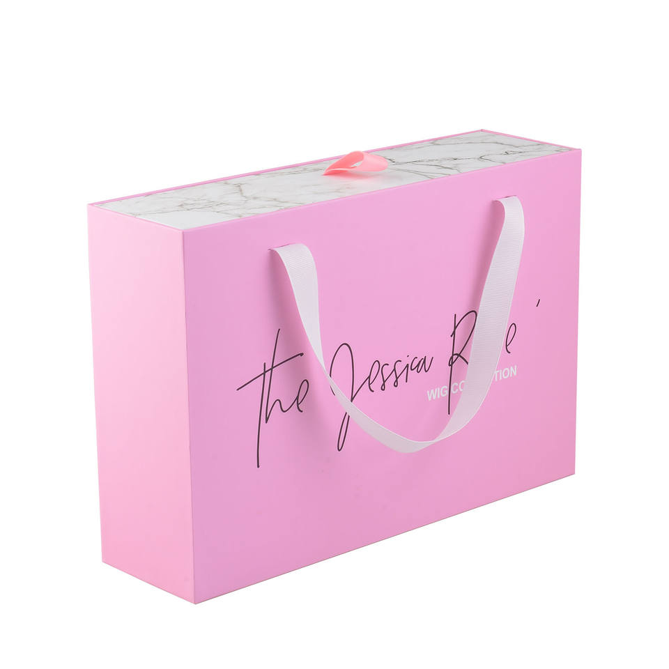 Luxury Black Pink Lamination Drawer Wig Box with Handle – Custom Logo Coated Paper Hair Extension Packaging