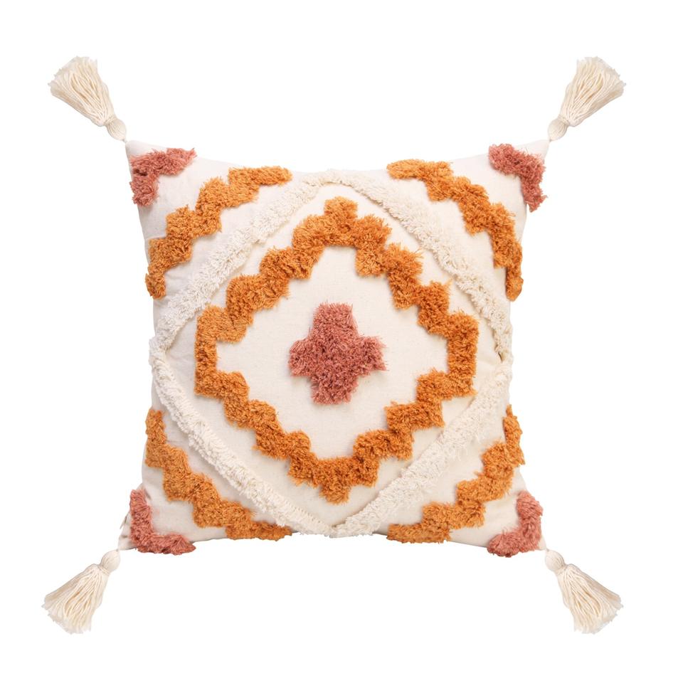 Boho Geometric Tufted Embroidery Cotton Tassel Throw Pillow Case for Sofa