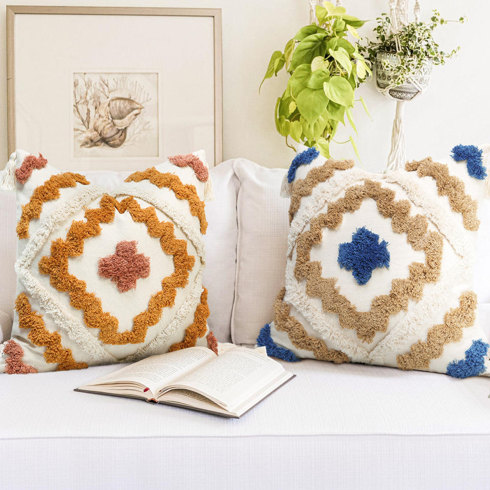 Boho Geometric Tufted Embroidery Cotton Tassel Throw Pillow Case for Sofa