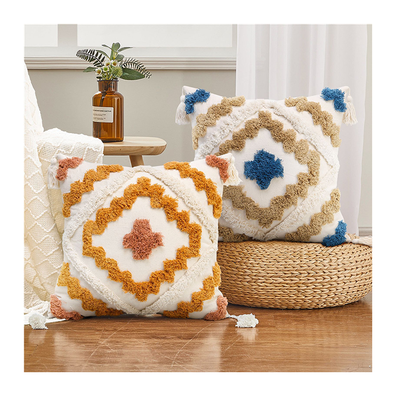 Boho Geometric Tufted Embroidery Cotton Tassel Throw Pillow Case for Sofa