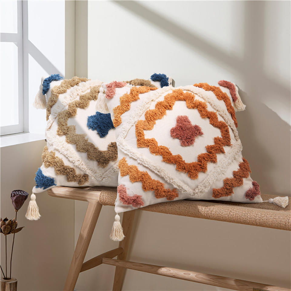 Boho Geometric Tufted Embroidery Cotton Tassel Throw Pillow Case for Sofa