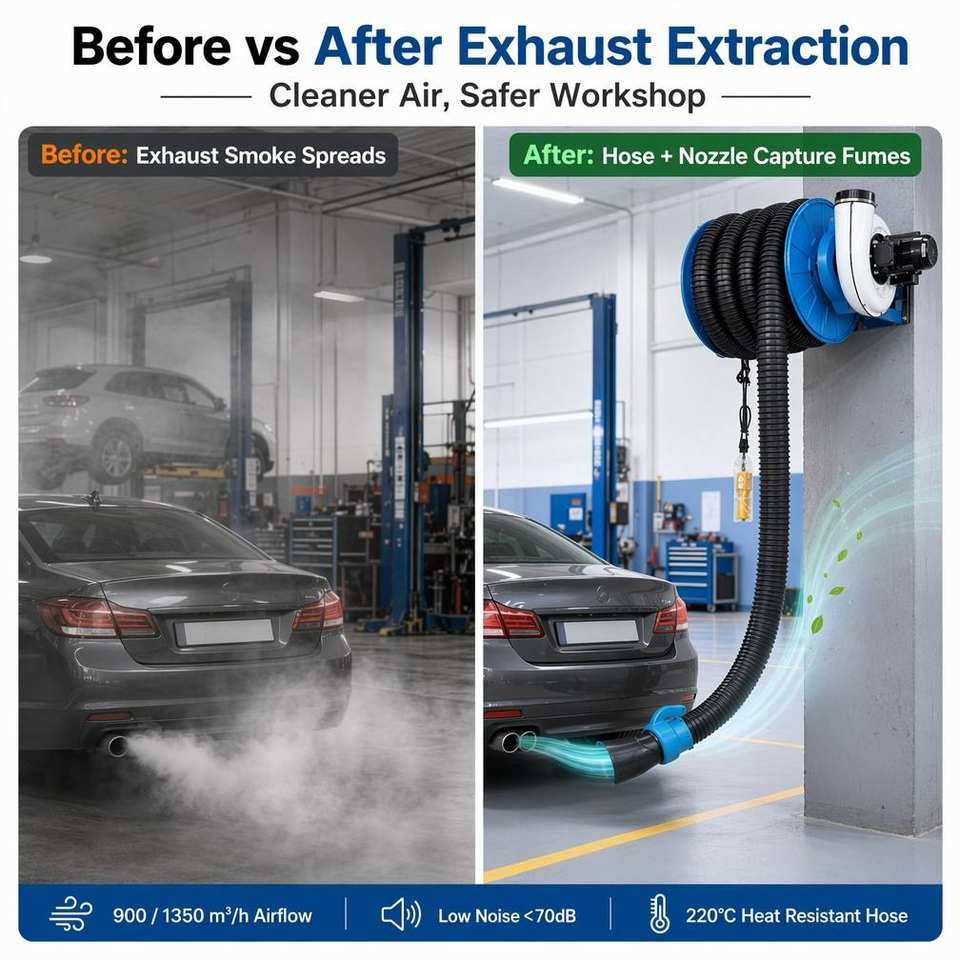 Motorized Hose Reel with Integrated Centrifugal Fan for Workshop Garage Exhaust Removal