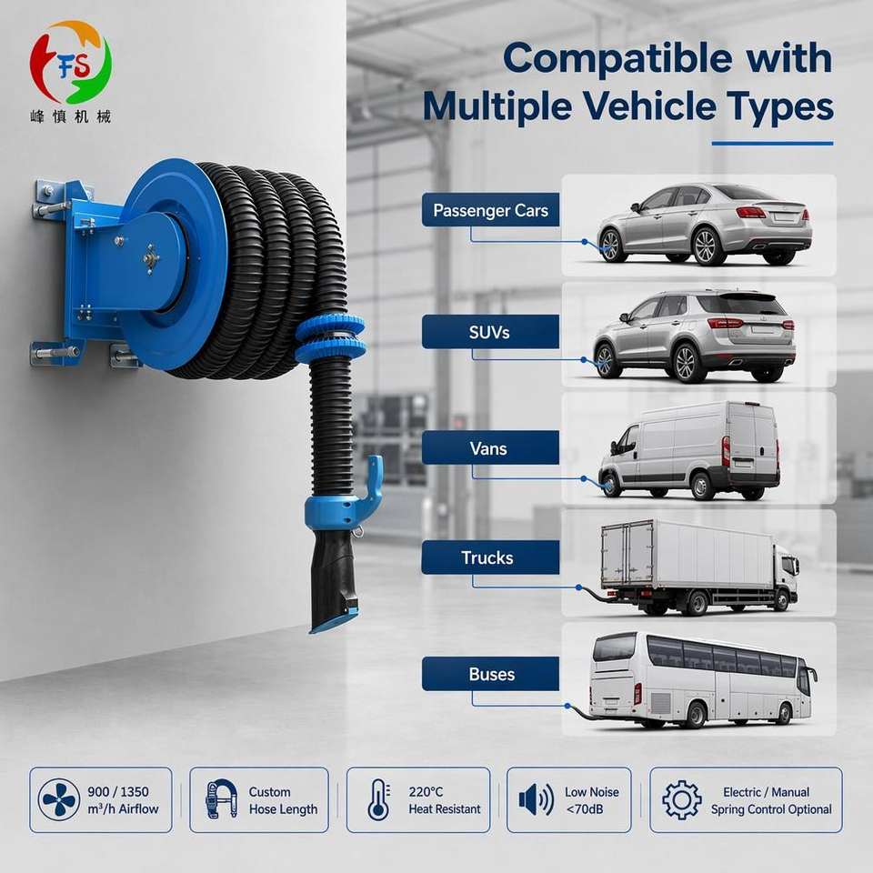 Wall-Mounted Exhaust Extraction Hose Reel - High Airflow, Low Noise, Manual Spring Return