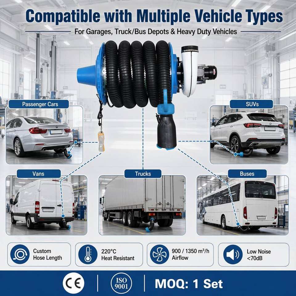 Motorized Hose Reel with Integrated Centrifugal Fan for Workshop Garage Exhaust Removal