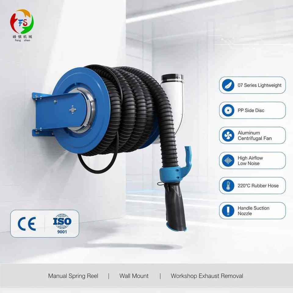 Wall-Mounted Exhaust Extraction Hose Reel - High Airflow, Low Noise, Manual Spring Return