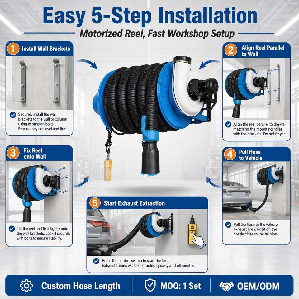 Motorized Hose Reel with Integrated Centrifugal Fan for Workshop Garage Exhaust Removal