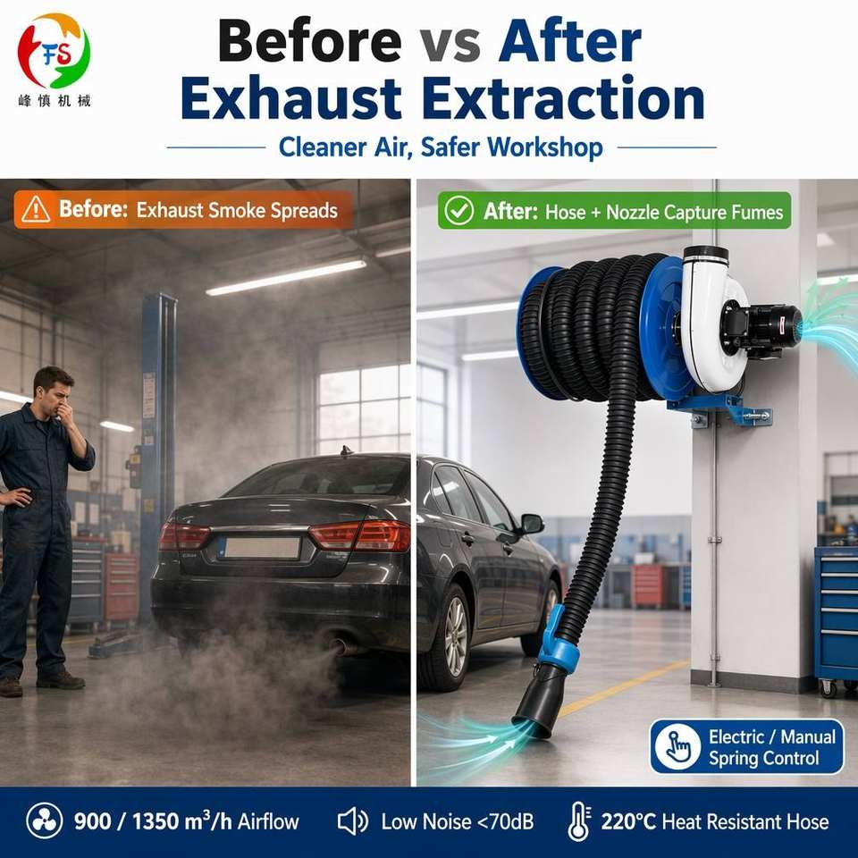 Wall-Mounted Exhaust Extraction Hose Reel - High Airflow, Low Noise, Manual Spring Return