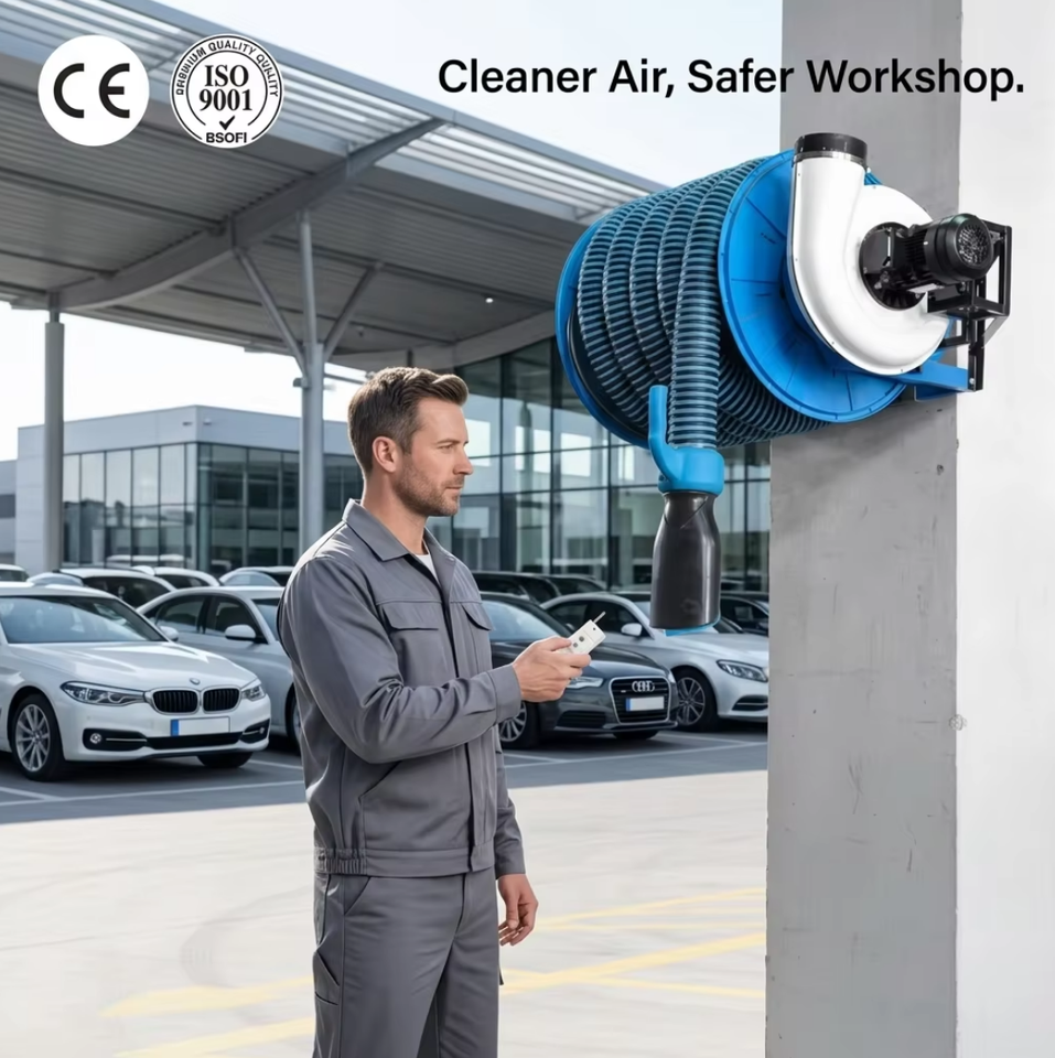 Motorized Hose Reel with Integrated Centrifugal Fan for Workshop Garage Exhaust Removal