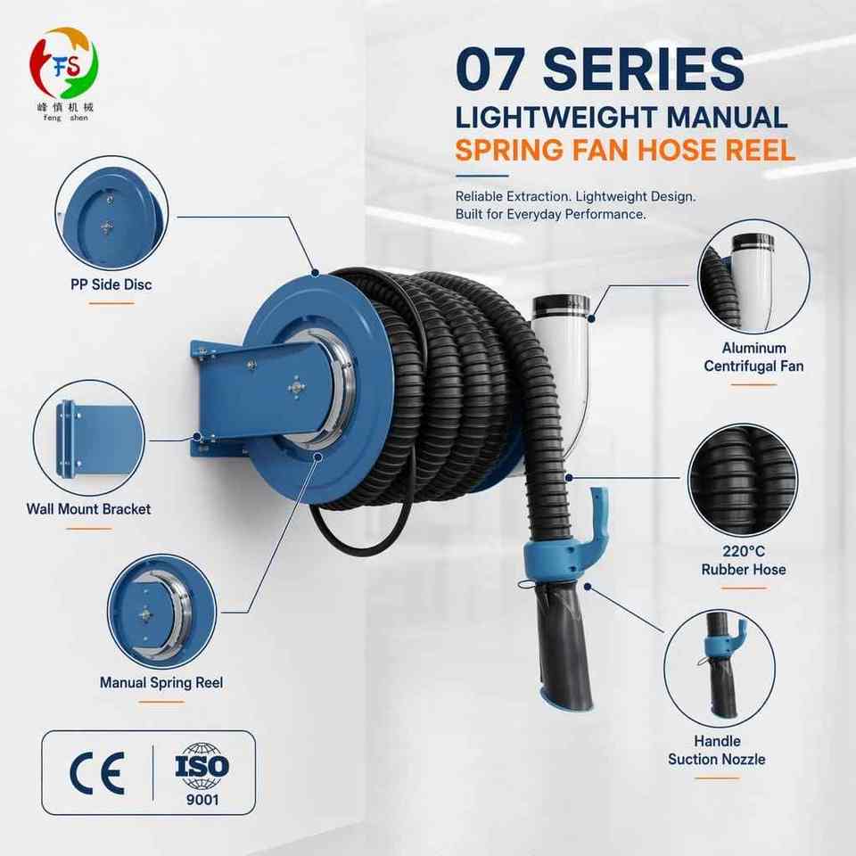 Wall-Mounted Exhaust Extraction Hose Reel - High Airflow, Low Noise, Manual Spring Return