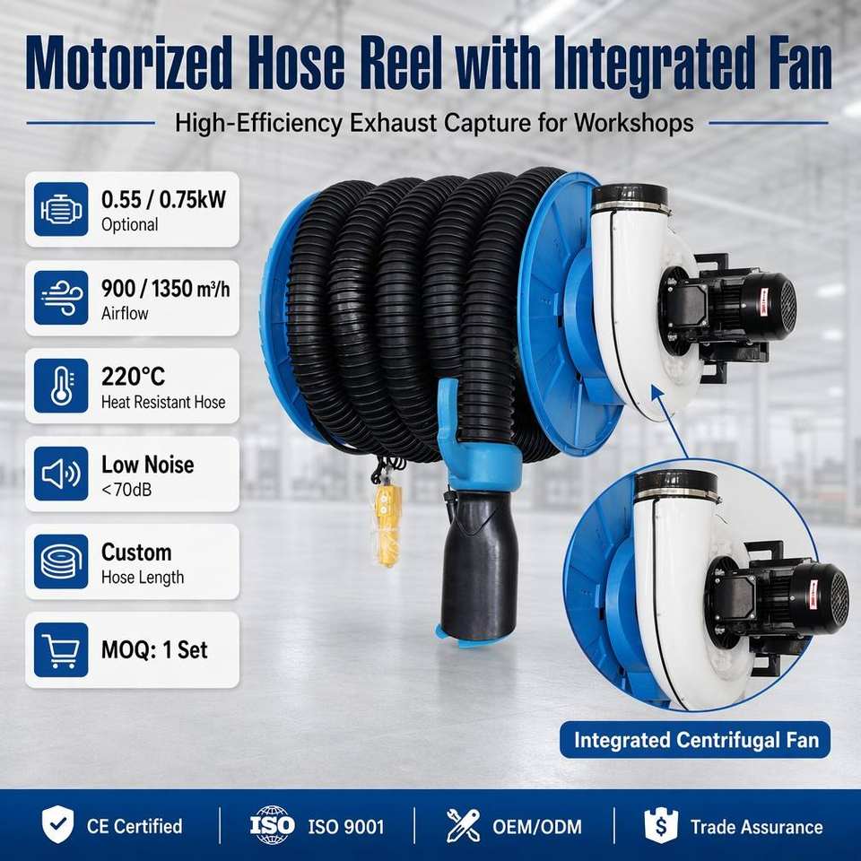 Motorized Hose Reel with Integrated Centrifugal Fan for Workshop Garage Exhaust Removal