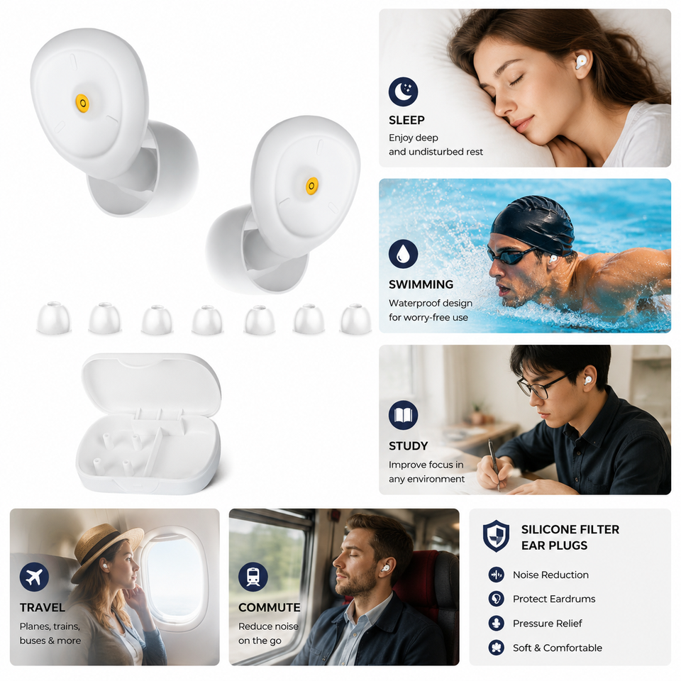 Protetores Auriculares de Silicone Reutilizáveis com Isolamento Acústico para Estudo, Natação e Sono