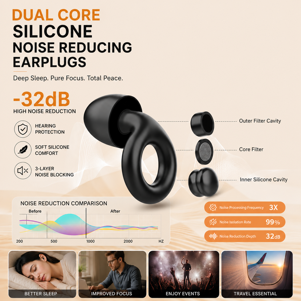 Protetores Auriculares de Silicone Reutilizáveis com Estojo - Redução de Ruído 32dB