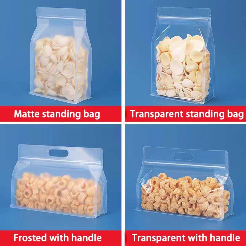 Transparente 8-Seiten-Beutel mit Griff – Flachboden-Verpackung
