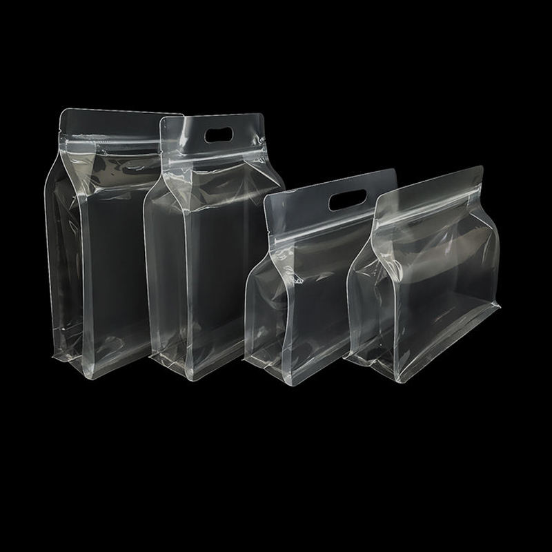 Transparente 8-Seiten-Beutel mit Griff – Flachboden-Verpackung