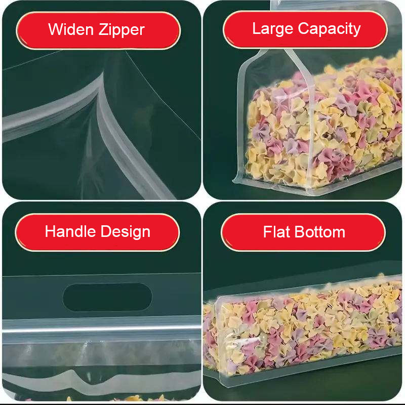 Transparente 8-Seiten-Beutel mit Griff – Flachboden-Verpackung