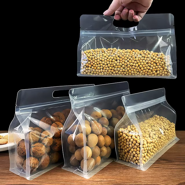 Transparente 8-Seiten-Beutel mit Griff – Flachboden-Verpackung
