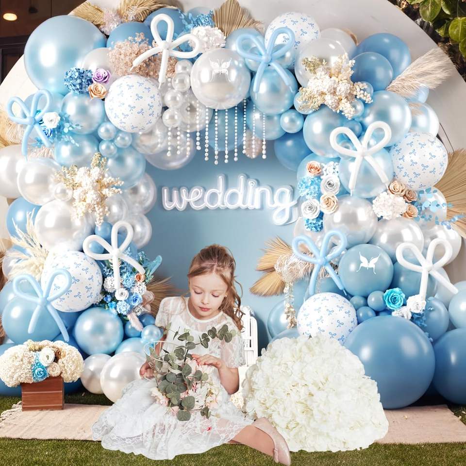 Ballonbogen-Set in Staubblau mit Schleifen-Motiv für Hochzeit, Geburtstag & Baby Shower