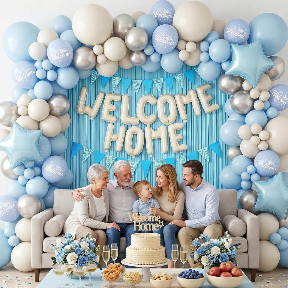 Partyballon-Deko-Set mit Willkommens-Folienballon & Fransen-Vorhang