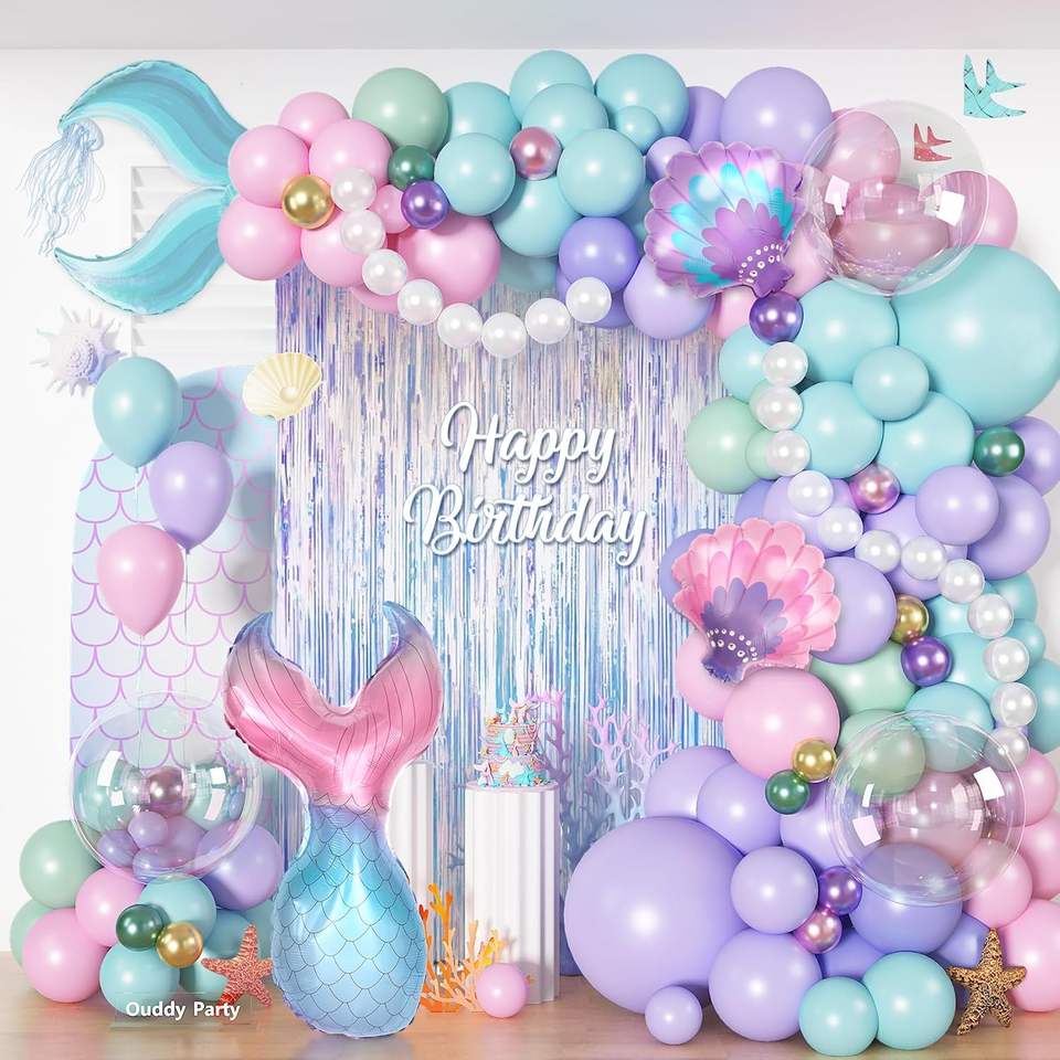 Mermaid Fischform Ballonbogen Set 142tlg. Glänzend Folie Pastell Muschel Fransen Geburtstag Baby Shower Ozean