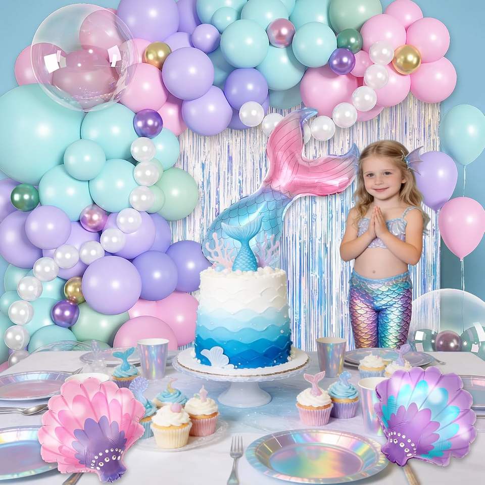 Mermaid Fischform Ballonbogen Set 142tlg. Glänzend Folie Pastell Muschel Fransen Geburtstag Baby Shower Ozean
