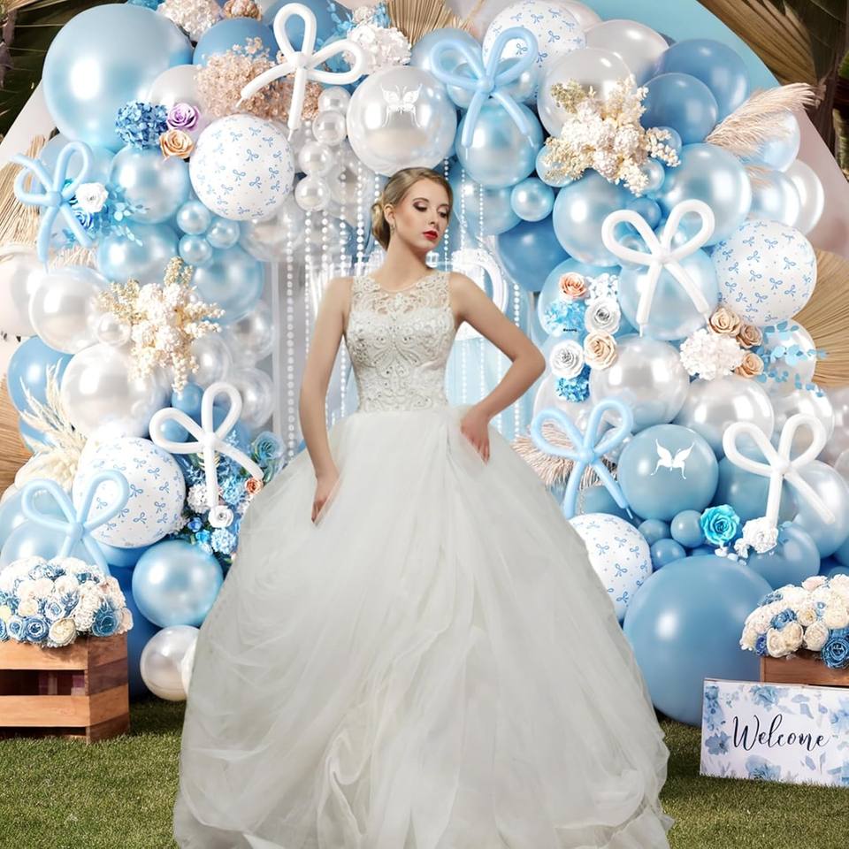 Ballonbogen-Set in Staubblau mit Schleifen-Motiv für Hochzeit, Geburtstag & Baby Shower