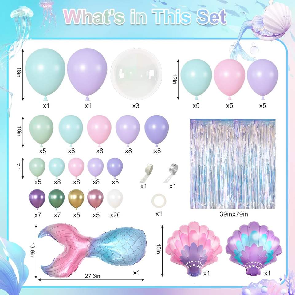 Mermaid Fischform Ballonbogen Set 142tlg. Glänzend Folie Pastell Muschel Fransen Geburtstag Baby Shower Ozean