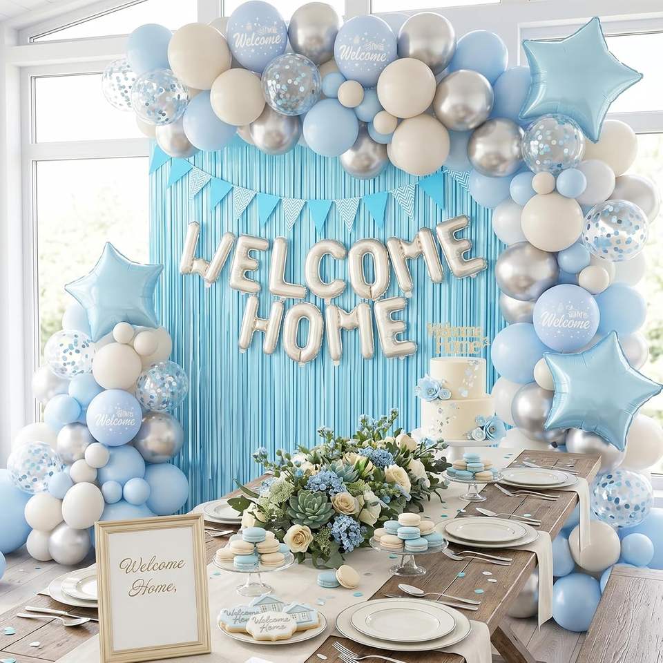 Partyballon-Deko-Set mit Willkommens-Folienballon & Fransen-Vorhang