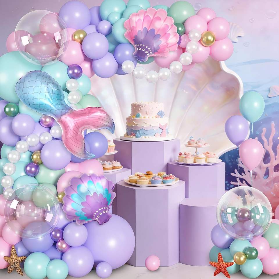 Mermaid Fischform Ballonbogen Set 142tlg. Glänzend Folie Pastell Muschel Fransen Geburtstag Baby Shower Ozean