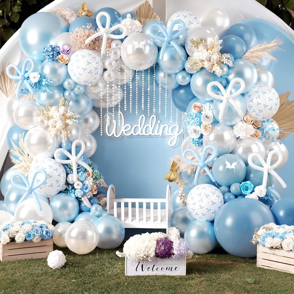 Ballonbogen-Set in Staubblau mit Schleifen-Motiv für Hochzeit, Geburtstag & Baby Shower