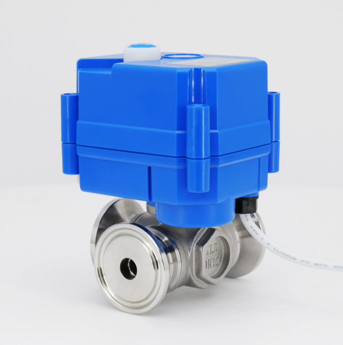 Vanne à boisseau sphérique électrique 3 voies mini, inox 304/316L, IP67