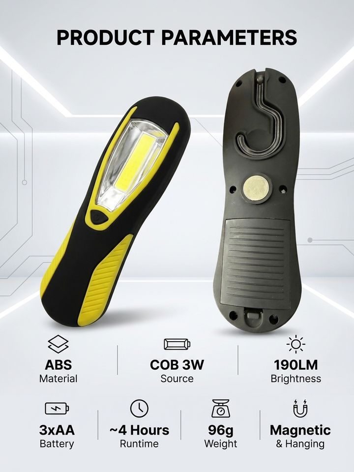 Luz de trabajo LED COB de 3W, magnética, impermeable IP65, con baterías AA