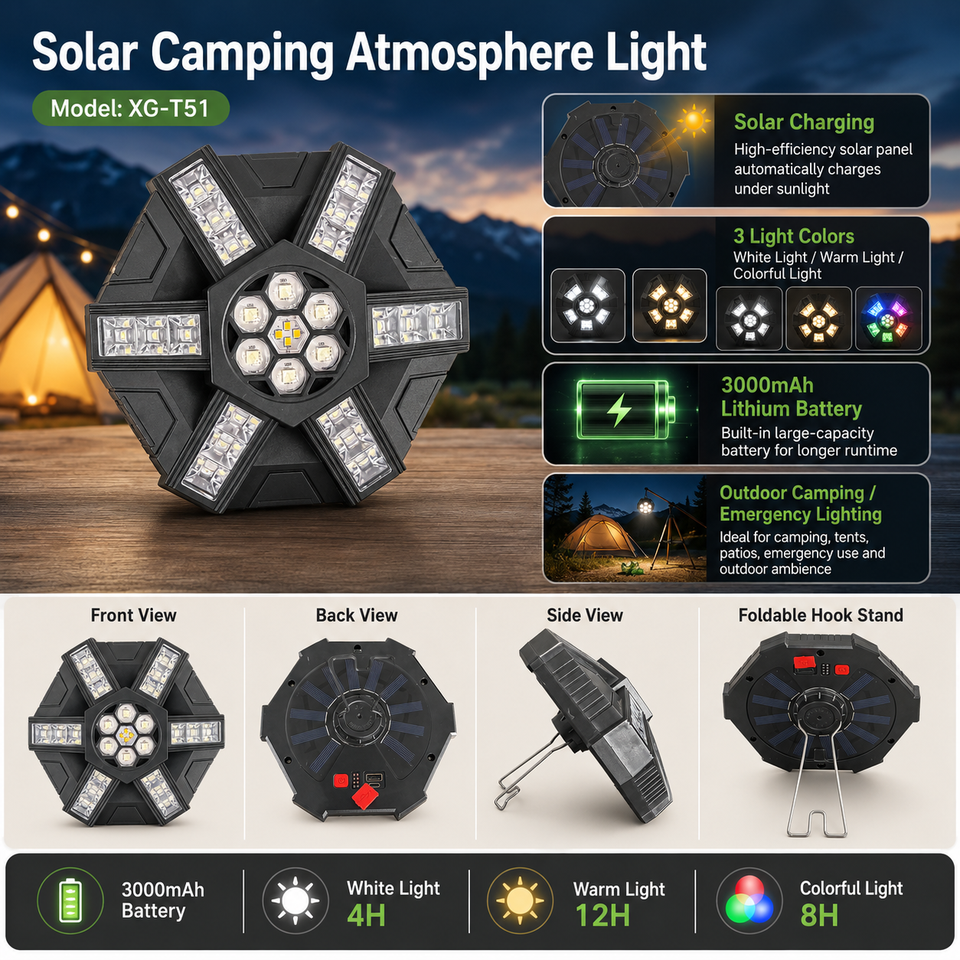 Luz Solar de Camping XG-T51 IP67 Recargable con Imán para Exterior