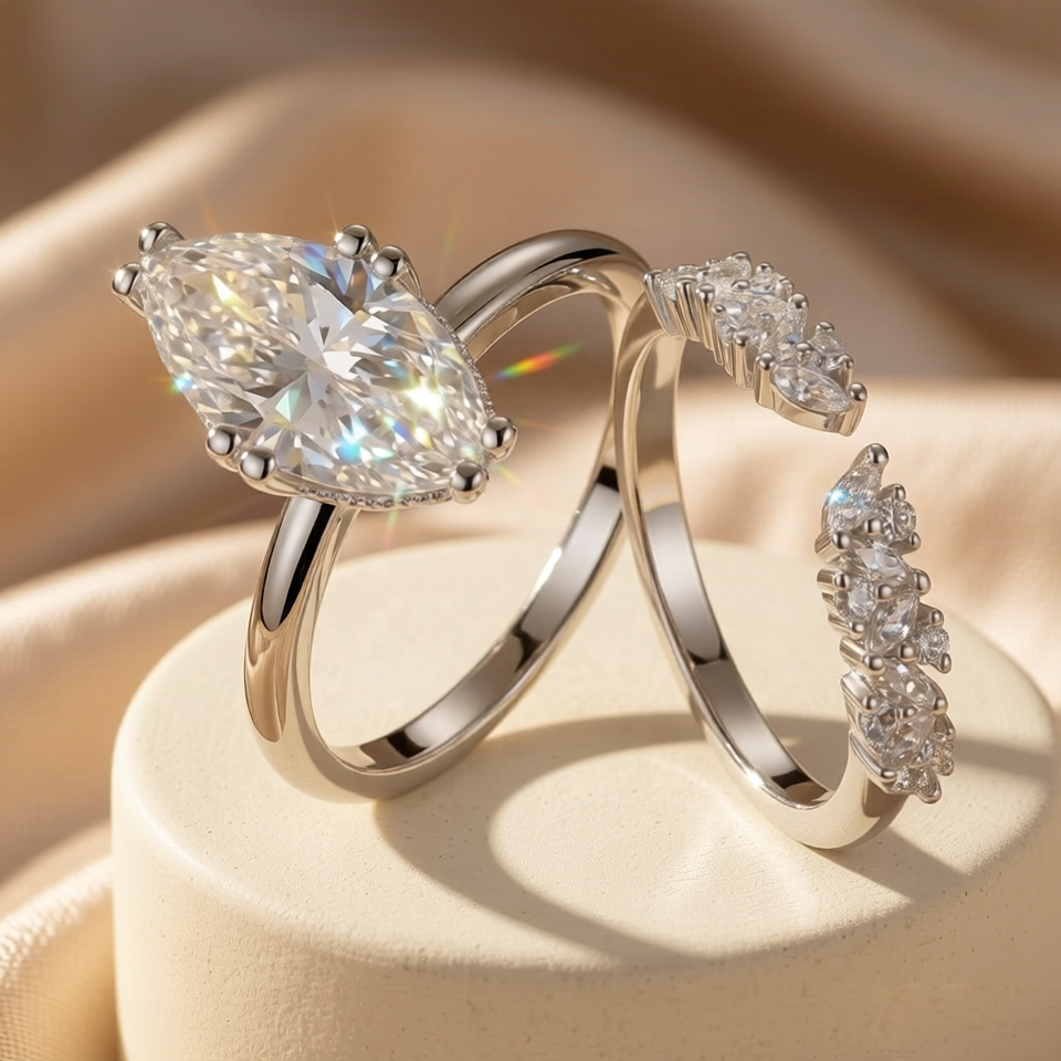 モアサナイト オープンエタニティリング 2点セット 婚約指輪 マーキーズカット VVS1 3ct シルバー