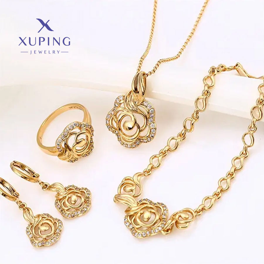 18Kゴールドカラーウェディングジュエリーセット 環境に優しい銅製 花嫁アクセサリー ネックレス＆イヤリング＆リング