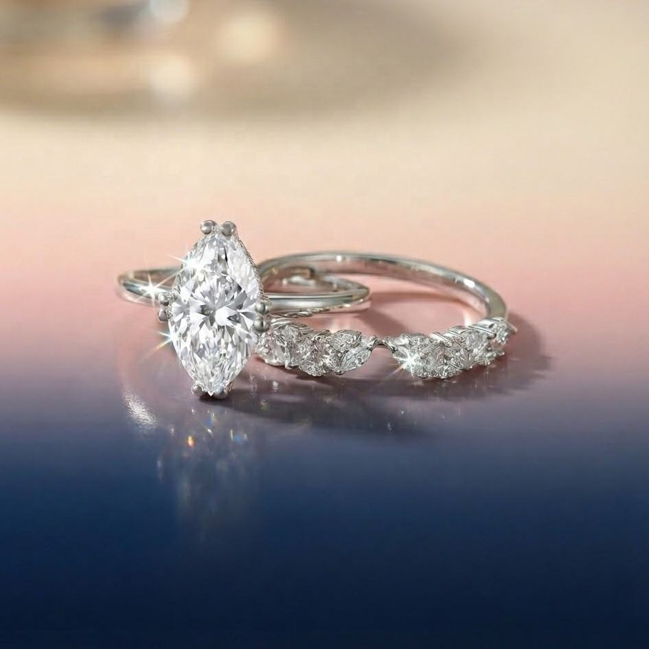モアサナイト オープンエタニティリング 2点セット 婚約指輪 マーキーズカット VVS1 3ct シルバー