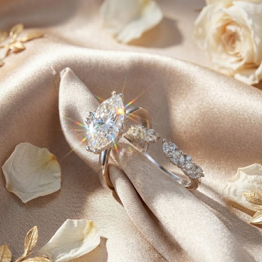 モアサナイト オープンエタニティリング 2点セット 婚約指輪 マーキーズカット VVS1 3ct シルバー