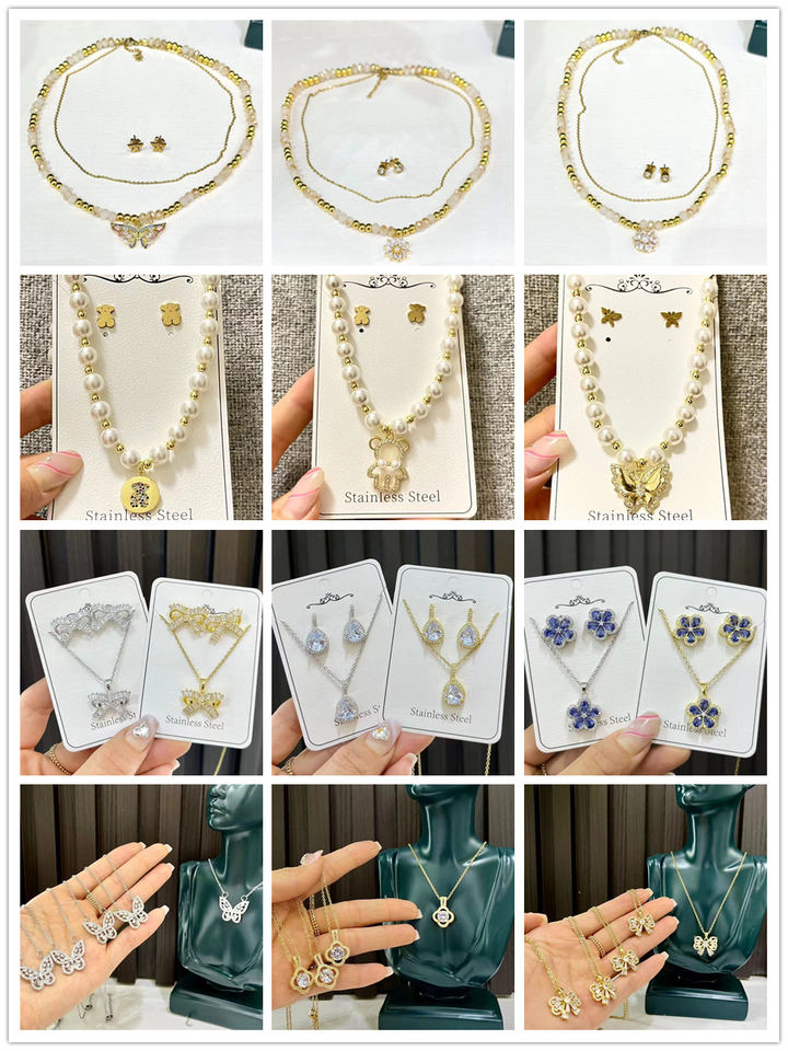 18Kゴールドカラーウェディングジュエリーセット 環境に優しい銅製 花嫁アクセサリー ネックレス＆イヤリング＆リング