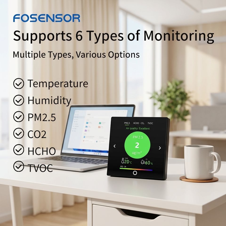 เครื่องวัดคุณภาพอากาศอัจฉริยะ 6-in-1 FS11006DC วัด CO2, PM2.5, HCHO, TVOC, อุณหภูมิและความชื้น พร้อม WiFi/RS485