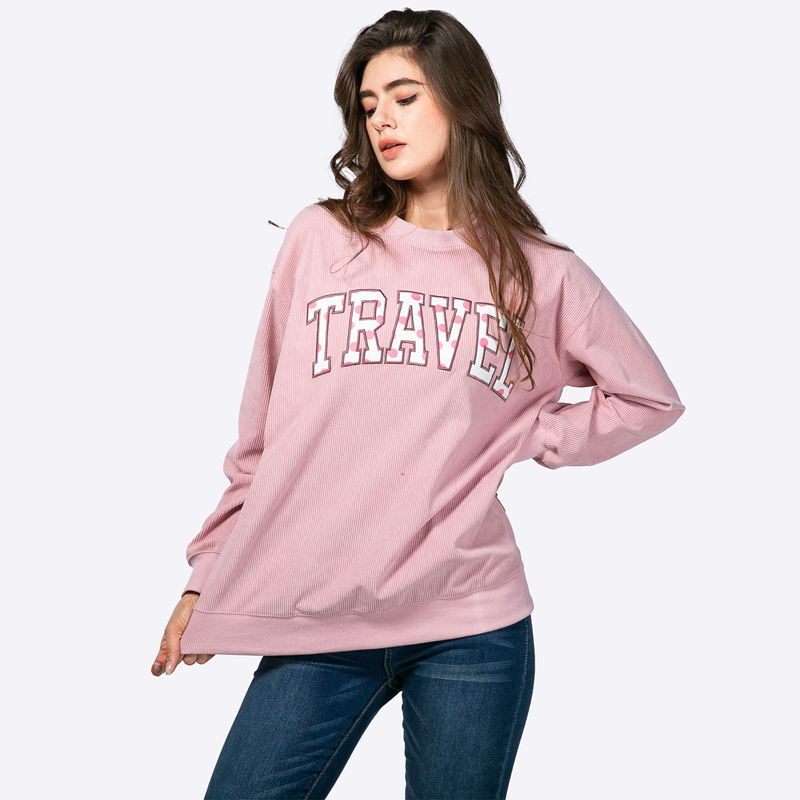 Custom Corduroy Letter Polka Dot Applique Crew Neck Long Sleeve Drop Shoulder Loose Pullover Sweatshirt