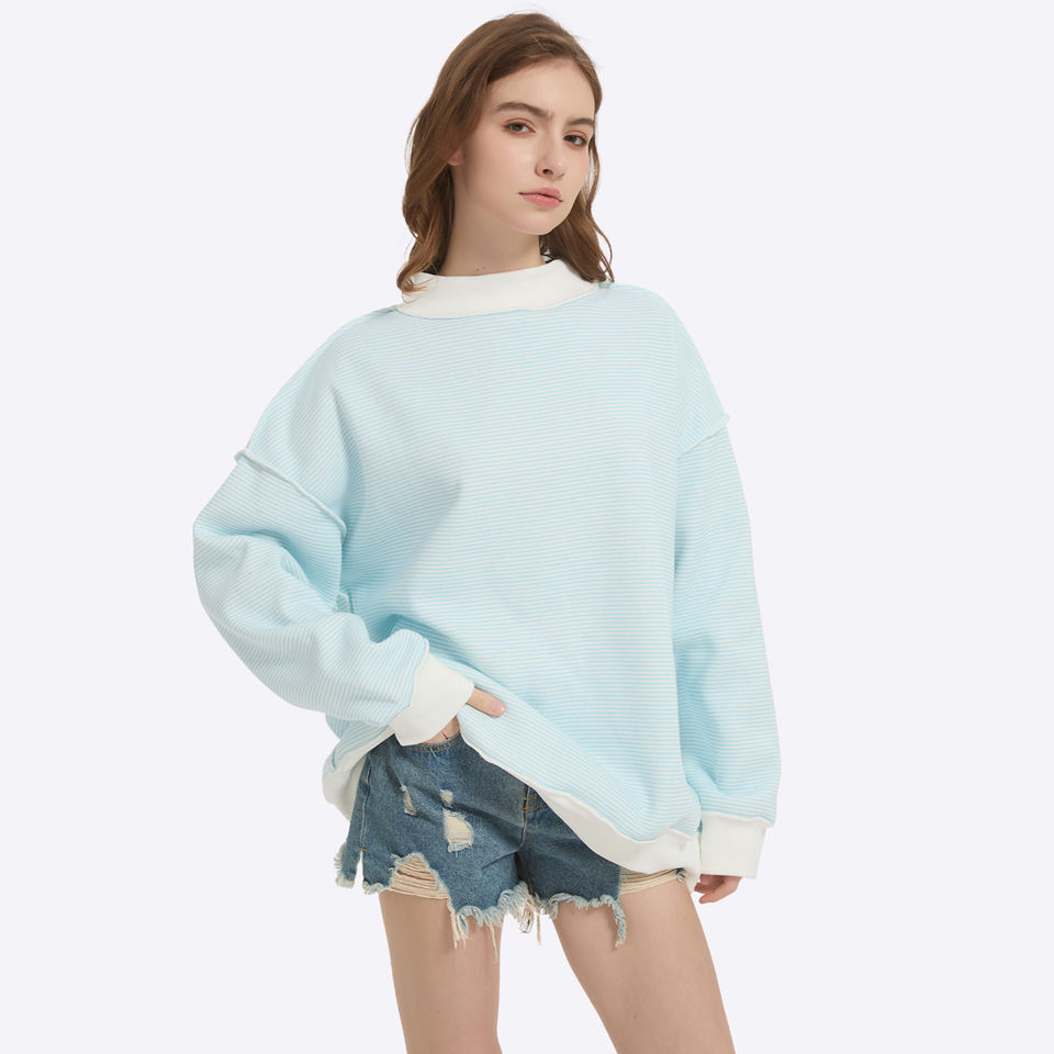 Custom Logo Women's Cotton Striped Mock Neck Oversized Pullover