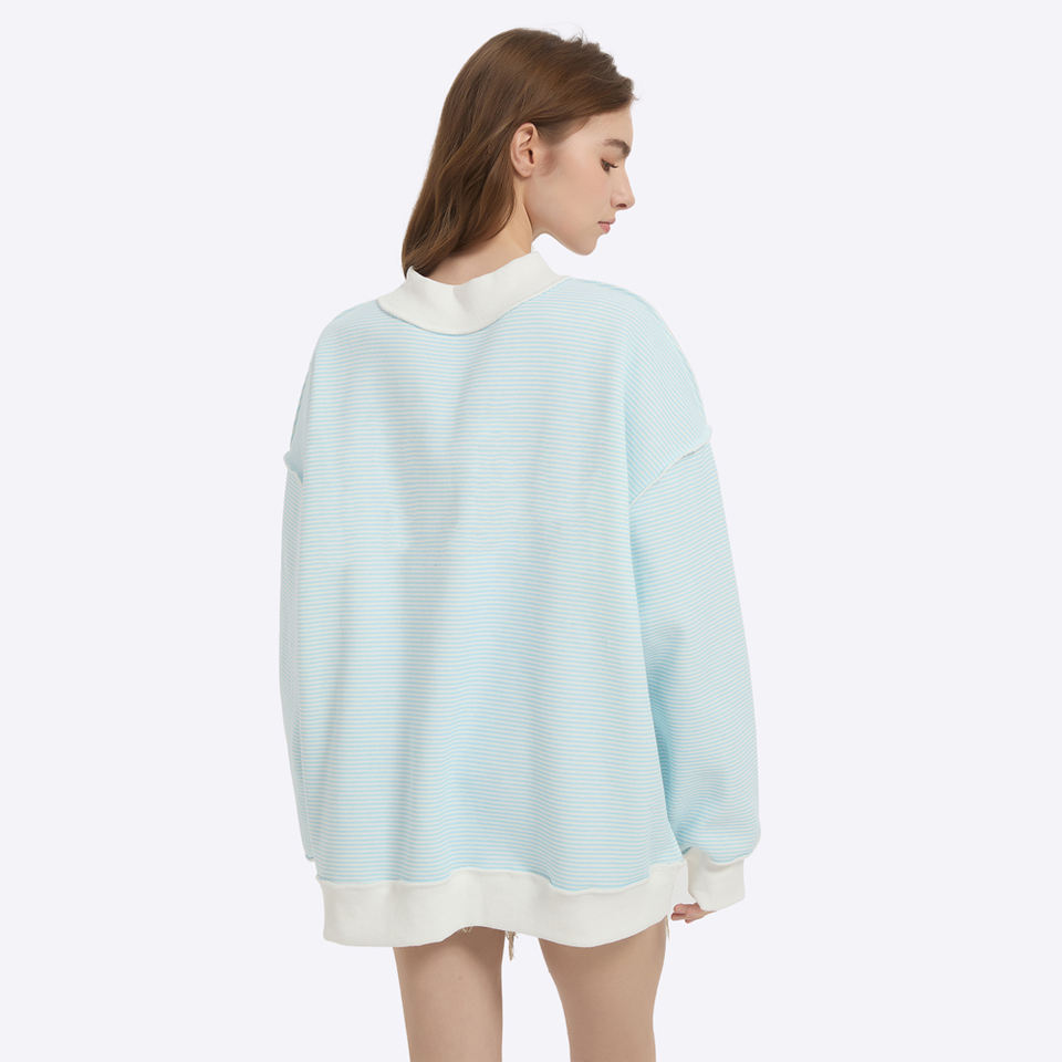 Custom Logo Women's Cotton Striped Mock Neck Oversized Pullover