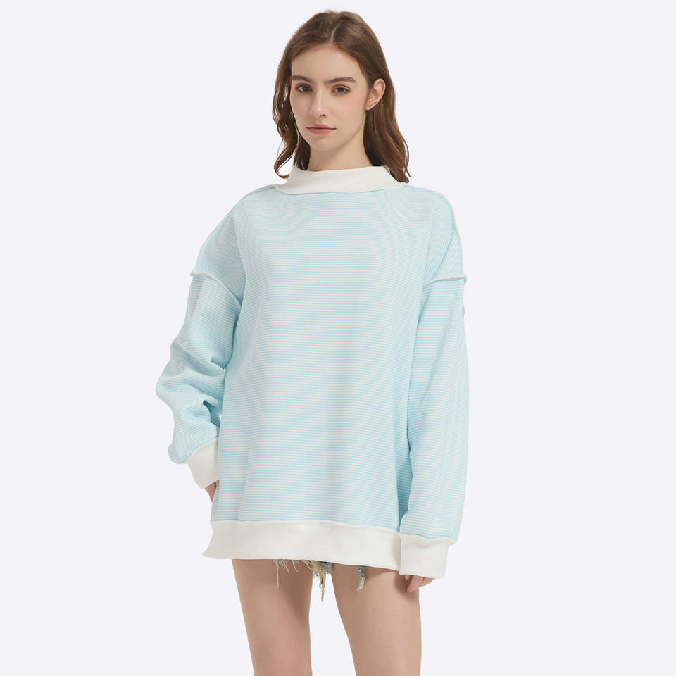 Custom Logo Women's Cotton Striped Mock Neck Oversized Pullover