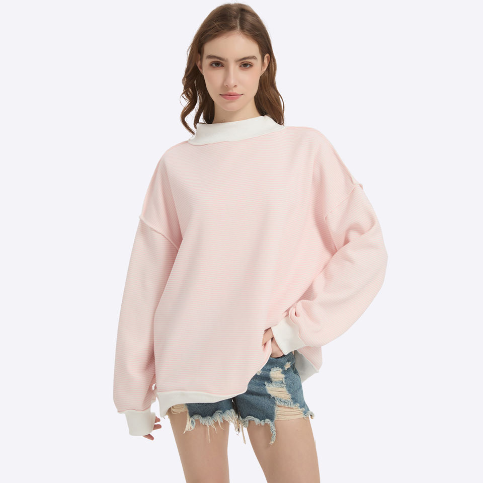 Custom Logo Women's Cotton Striped Mock Neck Oversized Pullover