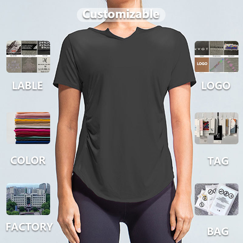 Pambabaeng V-Neck T-Shirt para sa Fitness, Breathable Quick Dry, Wholesale