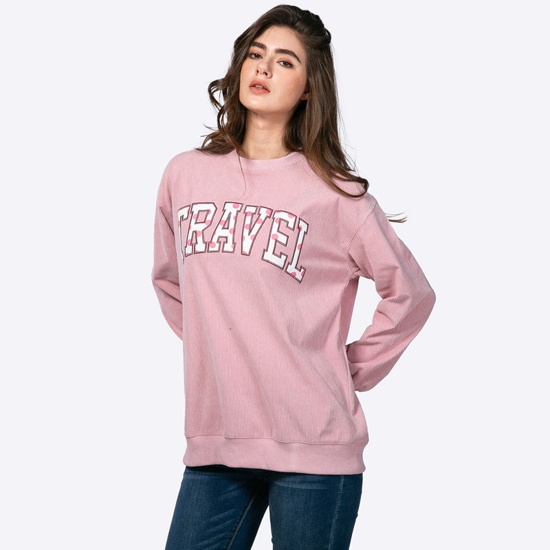 Custom Corduroy Letter Polka Dot Applique Crew Neck Long Sleeve Drop Shoulder Loose Pullover Sweatshirt