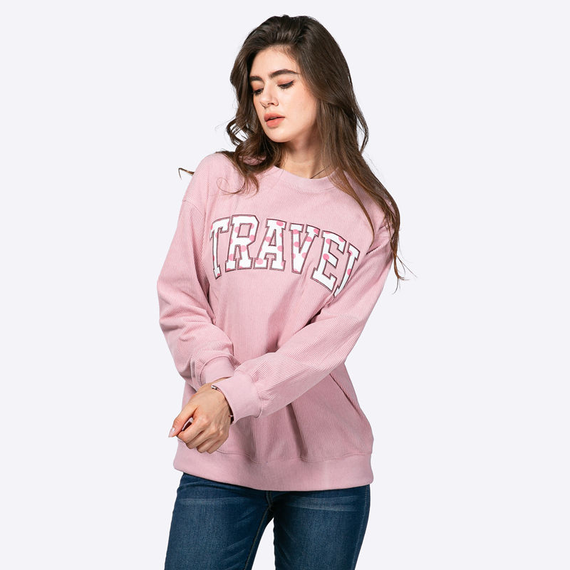 Custom Corduroy Letter Polka Dot Applique Crew Neck Long Sleeve Drop Shoulder Loose Pullover Sweatshirt