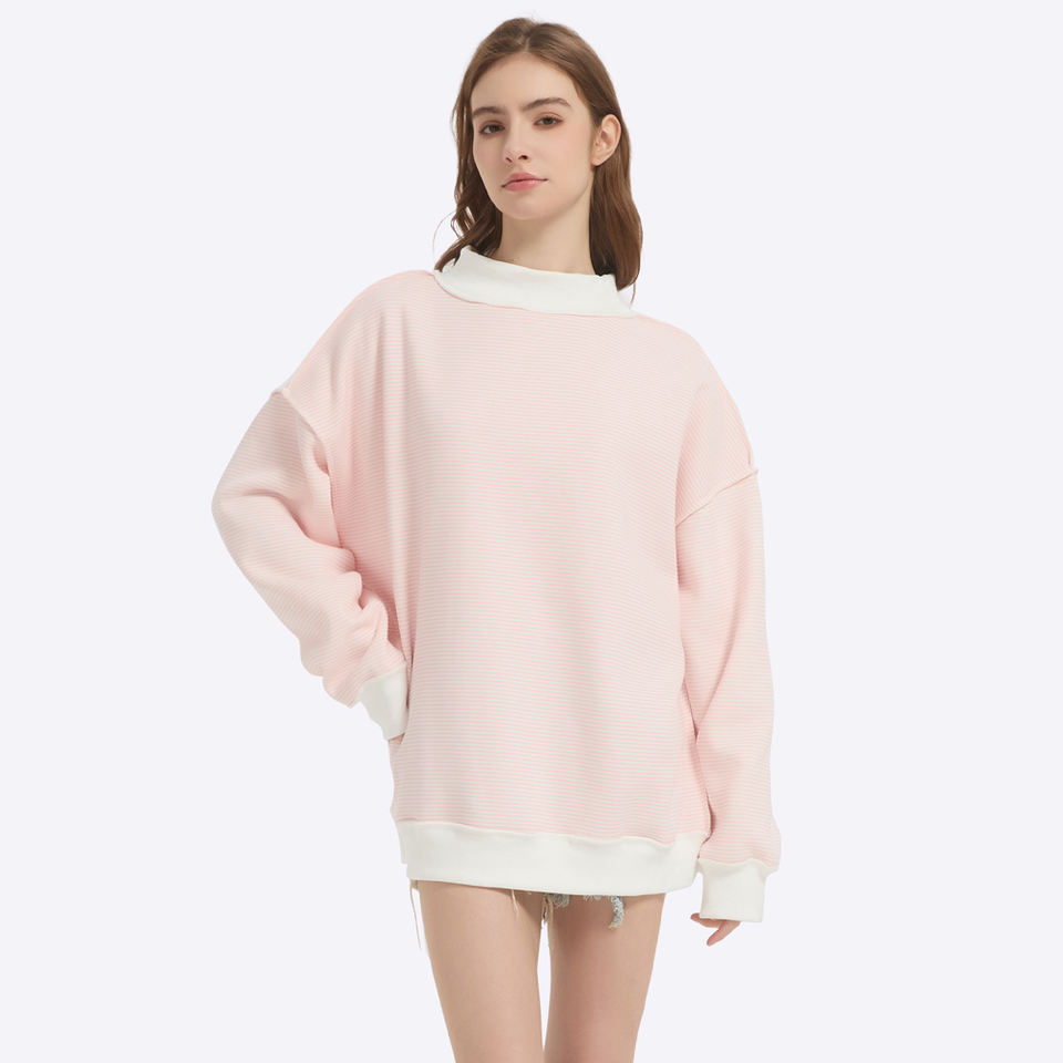 Custom Logo Women's Cotton Striped Mock Neck Oversized Pullover