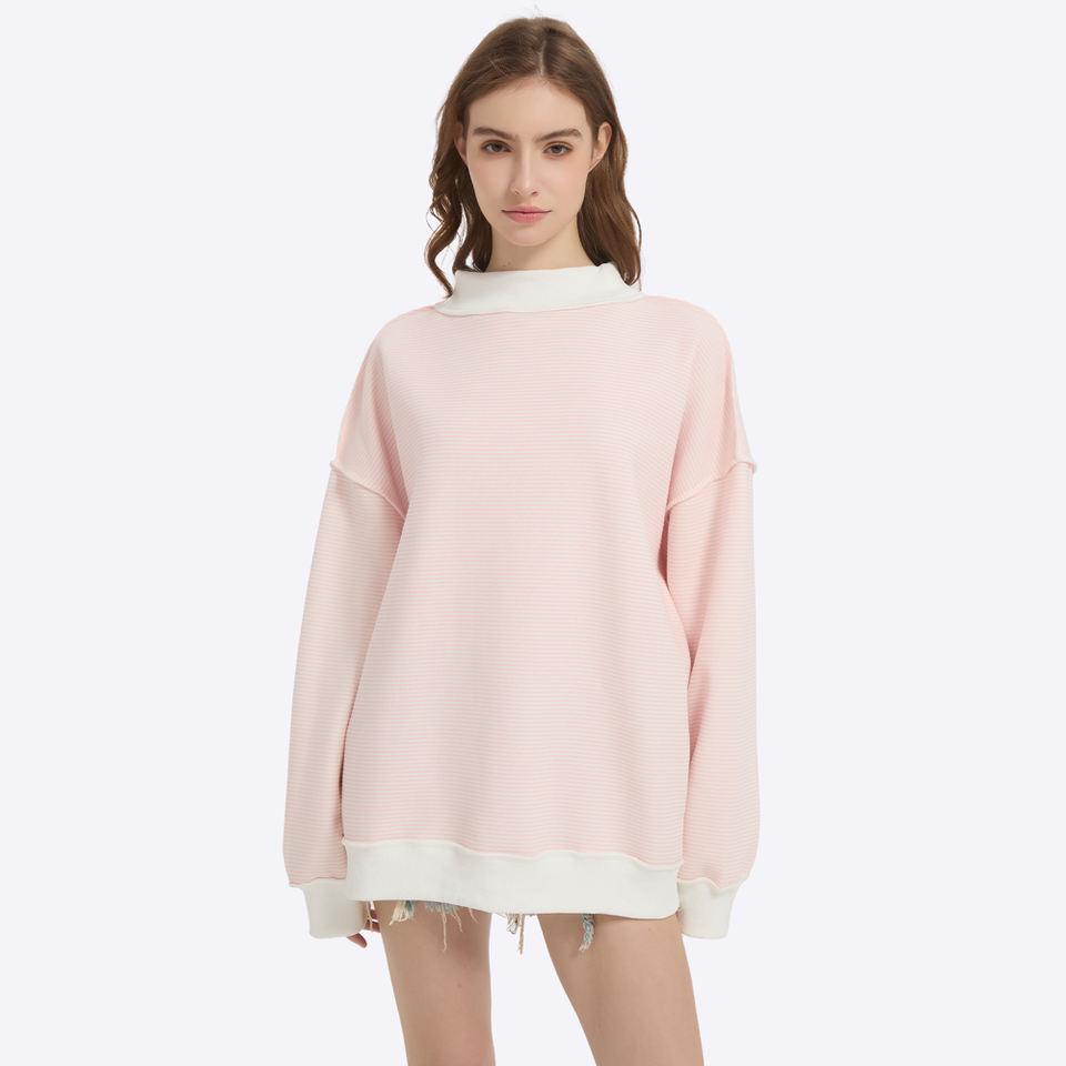 Custom Logo Women's Cotton Striped Mock Neck Oversized Pullover
