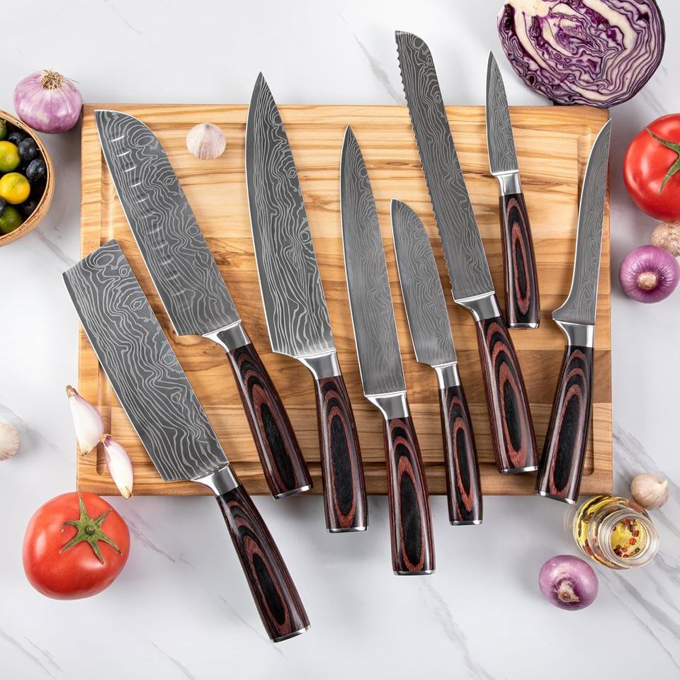 17-Piece Damascus Steel Knife Set na may Acacia Wood Block - Propesyonal na Kusina